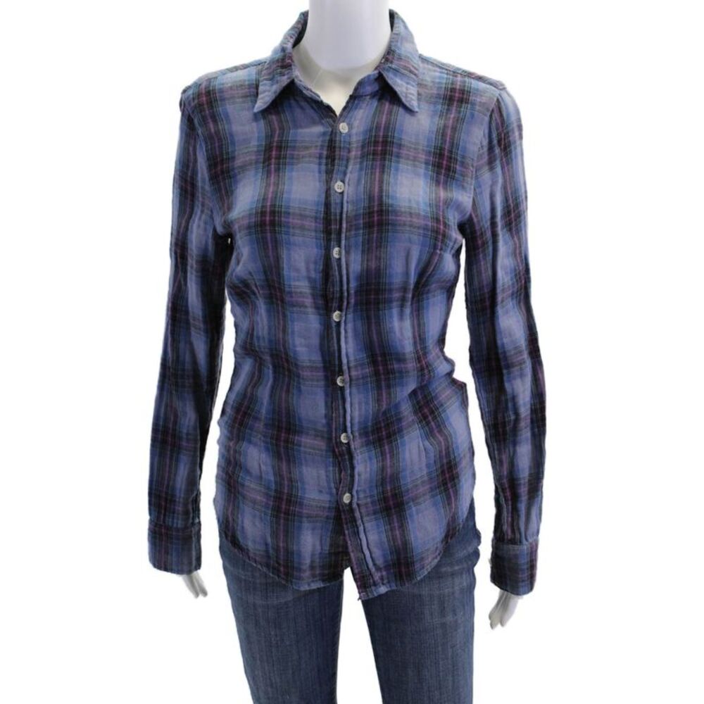 Shirt Womens Cotton Long Sleeve Plaid Button Down Shirt Blue Size XS